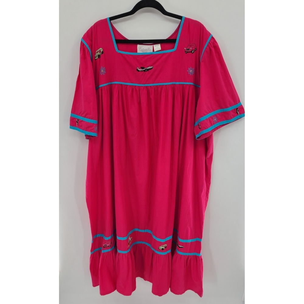 Victorian‎ Era Vintage Embroidered Maxi Dress Size 1X Hot Pink Cars Airplane